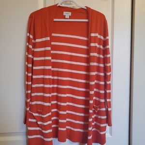 Red cardigan with horizontal white stripes